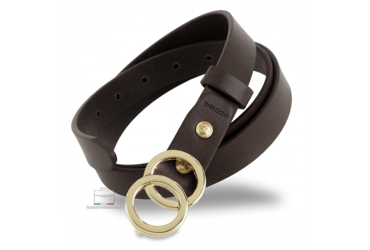 Women's skinny belt 2.5cm Eclipse Gold buckle, leather Brown