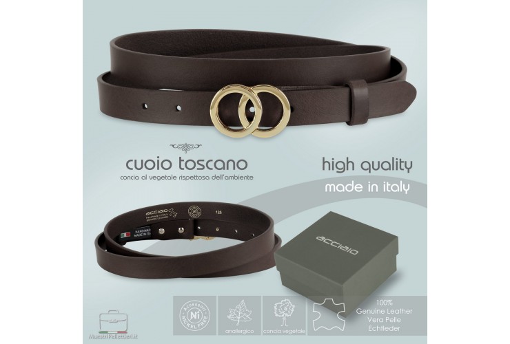 Women's skinny belt 2.5cm Eclipse Gold buckle, leather Brown