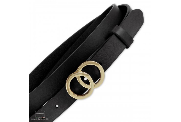 Schmal Damengürtel 2.5cm Eclipse Gold-Schnalle, Leder Schwarz Schmal Damengürtel 2.5cm Eclipse Gold-Schnalle, Leder Schwarz