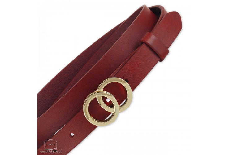 Schmal Damengürtel 2.5cm Eclipse Gold-Schnalle, Leder Rot Schmal Damengürtel 2.5cm Eclipse Gold-Schnalle, Leder Rot