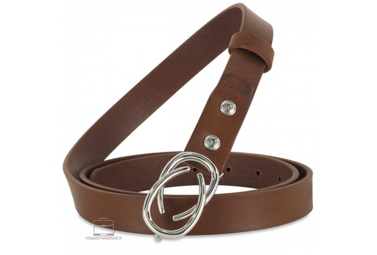 Women's thin belt, Infinity buckle, leather Brown/Chestnut