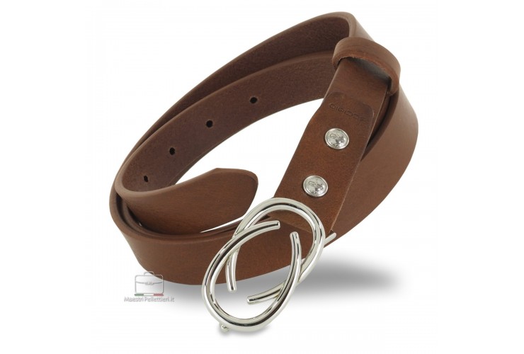 Women's thin belt, Infinity buckle, leather Brown/Chestnut