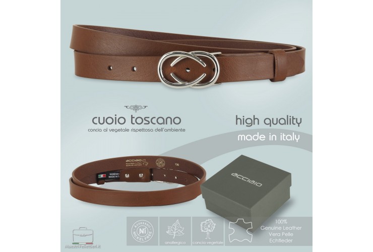 Women's thin belt, Infinity buckle, leather Brown/Chestnut