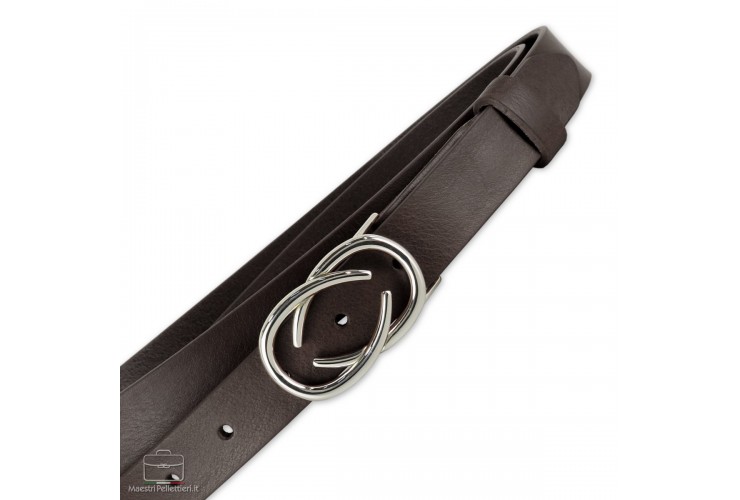 Women's thin belt, Infinity buckle, leather Brown