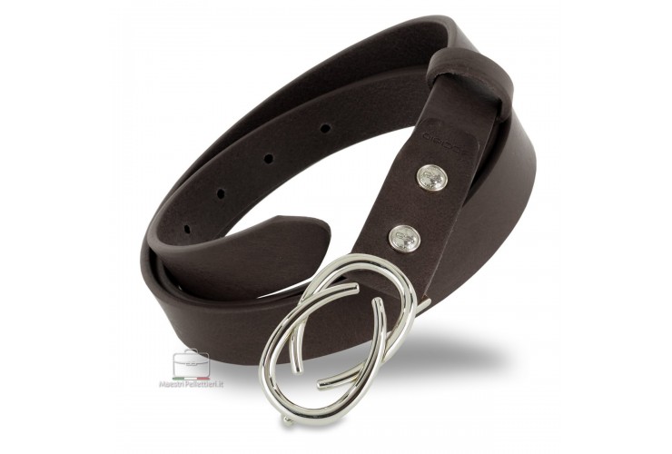 Women's thin belt, Infinity buckle, leather Brown