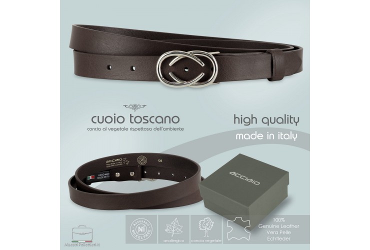 Women's thin belt, Infinity buckle, leather Brown