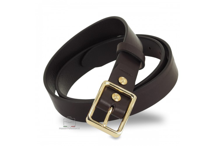 Woman's belt Brown smooth Leather with shiny gold buckle