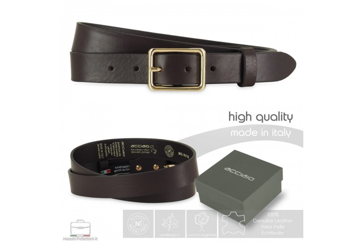 Woman's belt Brown smooth Leather with shiny gold buckle