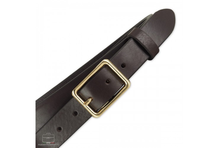 Woman's belt Brown smooth Leather with shiny gold buckle