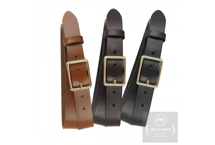 Woman's belt Brown smooth Leather with shiny gold buckle