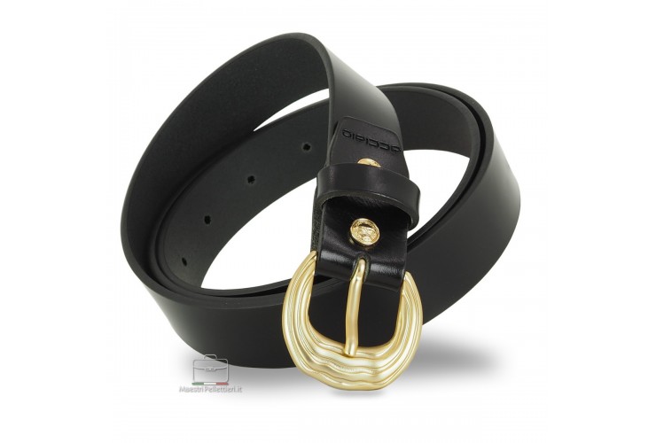 Damengürtel aus schwarzem leder mit satinierter goldener Schnalle Damengürtel aus schwarzem leder mit satinierter goldener Schnalle