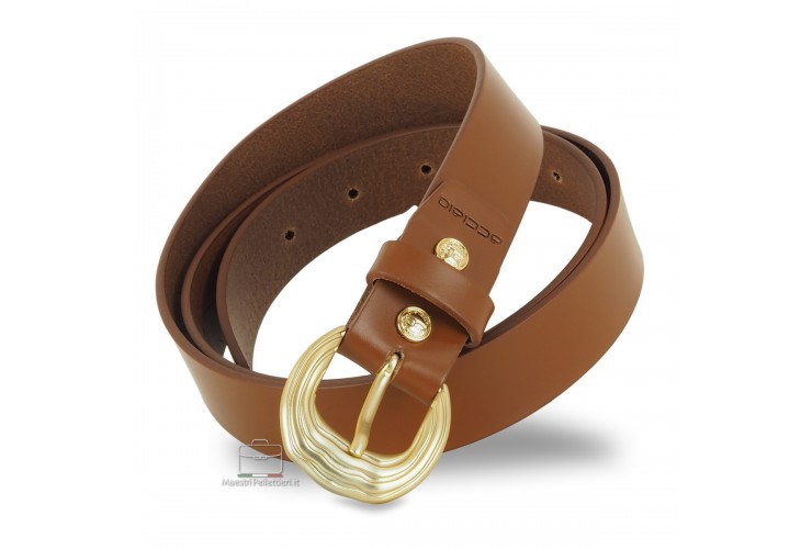 Damengürtel aus leder Cognac-tan mit satinierter goldener Schnalle Damengürtel aus leder Cognac-tan mit satinierter goldener Schnalle