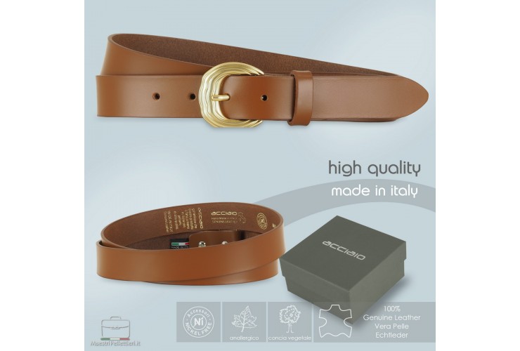 Damengürtel aus leder Cognac-tan mit satinierter goldener Schnalle Damengürtel aus leder Cognac-tan mit satinierter goldener Schnalle
