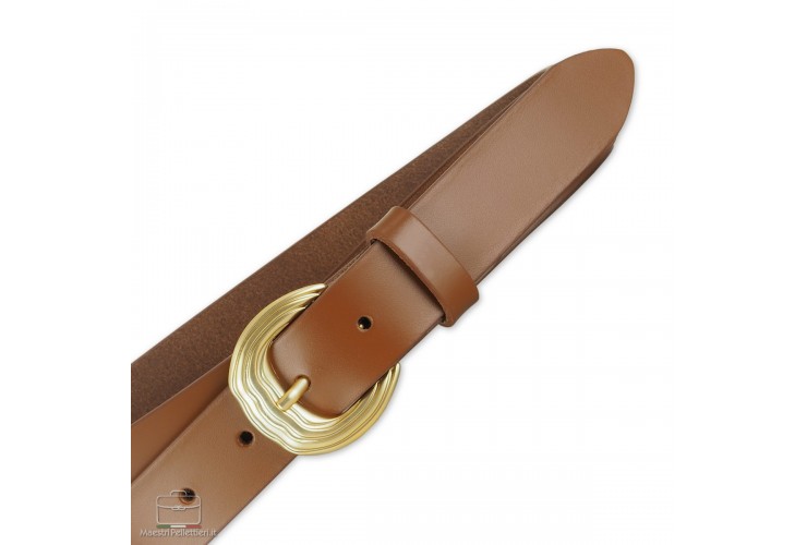 Damengürtel aus leder Cognac-tan mit satinierter goldener Schnalle Damengürtel aus leder Cognac-tan mit satinierter goldener Schnalle