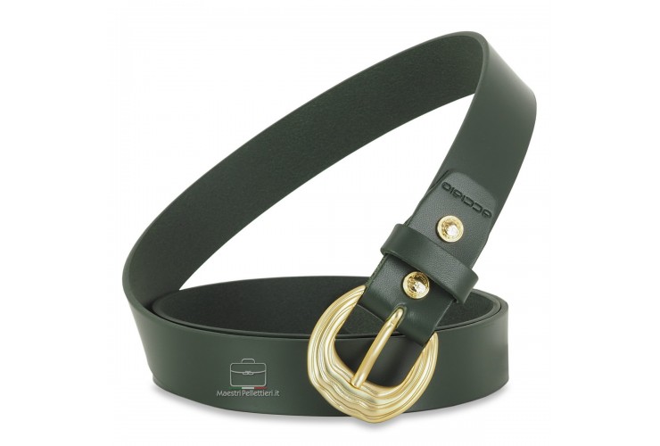 Cintura donna in cuoio liscio Verde fibbia Oro Satinato Cintura donna in cuoio liscio Verde fibbia Oro Satinato