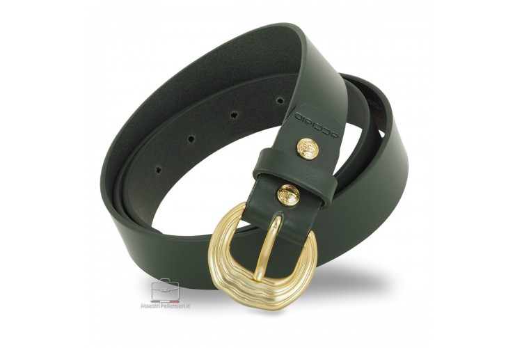 Cintura donna in cuoio liscio Verde fibbia Oro Satinato Cintura donna in cuoio liscio Verde fibbia Oro Satinato
