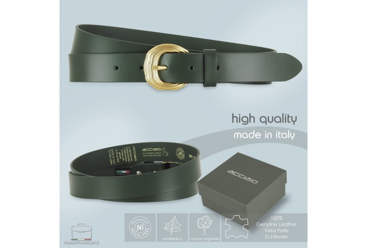 Cintura donna in cuoio liscio Verde fibbia Oro Satinato Cintura donna in cuoio liscio Verde fibbia Oro Satinato