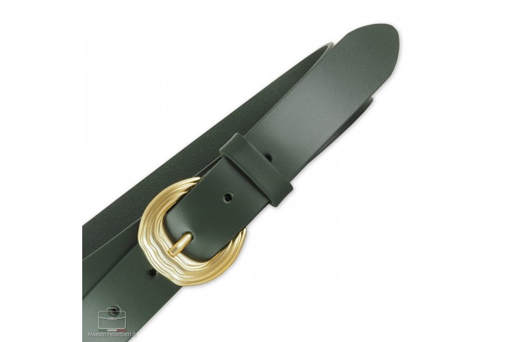 Cintura donna in cuoio liscio Verde fibbia Oro Satinato Cintura donna in cuoio liscio Verde fibbia Oro Satinato