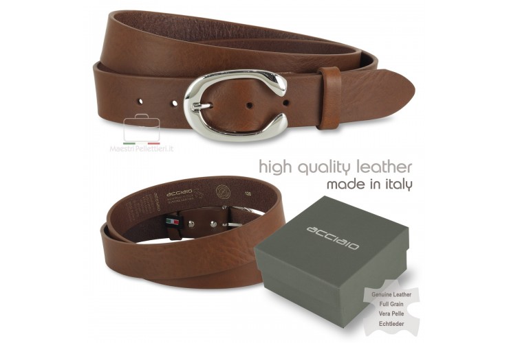 Woman belt Brown/Chestnut Leather 3.5cm with Aries palladium buckle