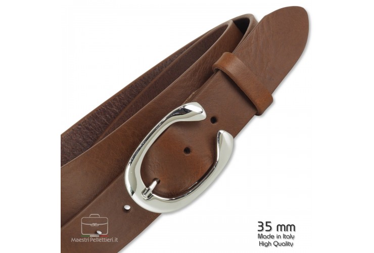 Woman belt Brown/Chestnut Leather 3.5cm with Aries palladium buckle
