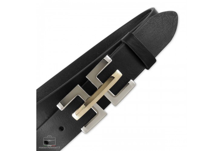 Cintura moda donna in pelle cuoio Nero fibbia Echo Cintura moda donna in pelle cuoio Nero fibbia Echo