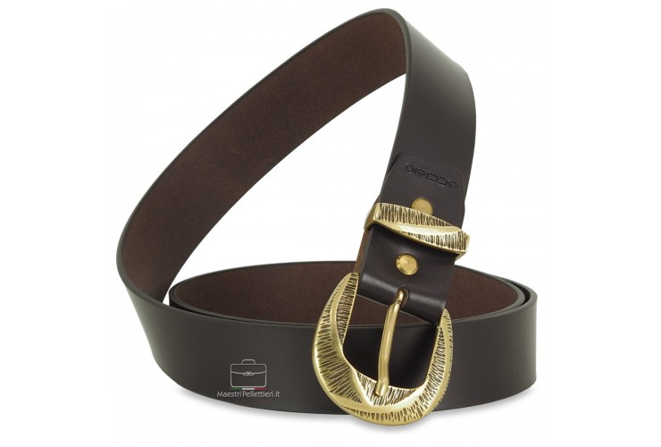 Woman's Brown belt in smooth Leather with brass buckle