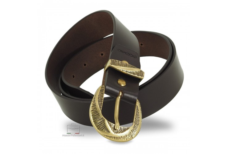 Woman's Brown belt in smooth Leather with brass buckle