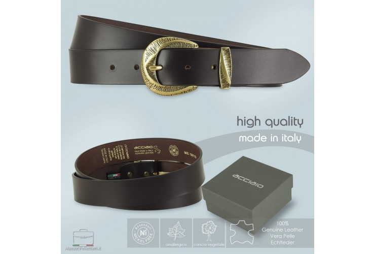 Woman's Brown belt in smooth Leather with brass buckle