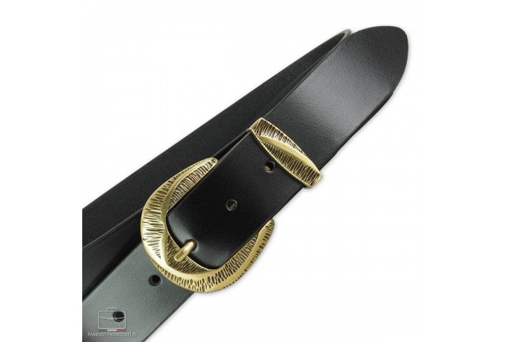 Damengürtel aus leder Schwarz mit Messingschnalle Damengürtel aus leder Schwarz mit Messingschnalle