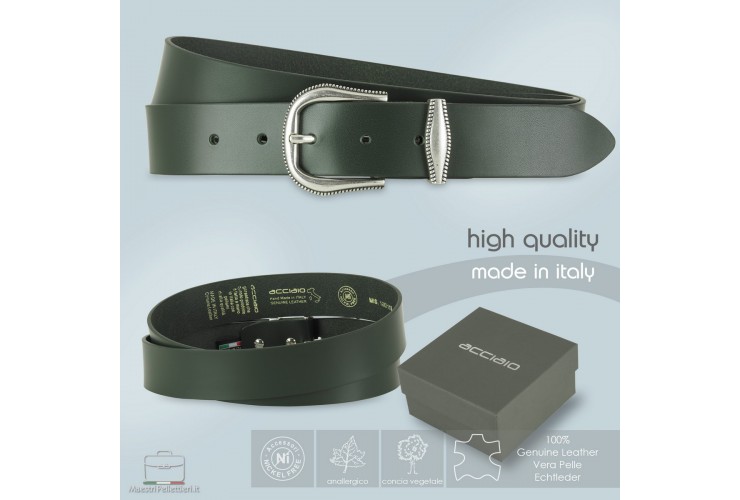 Woman's Green belt in smooth Leather with Silver buckle