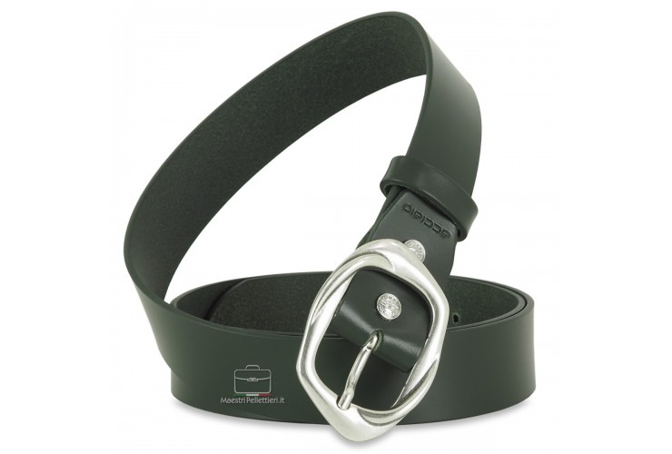 Woman's Green belt in smooth Leather, antique Silver buckle