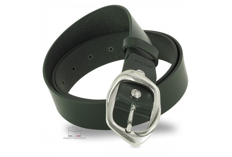 Woman's Green belt in smooth Leather, antique Silver buckle