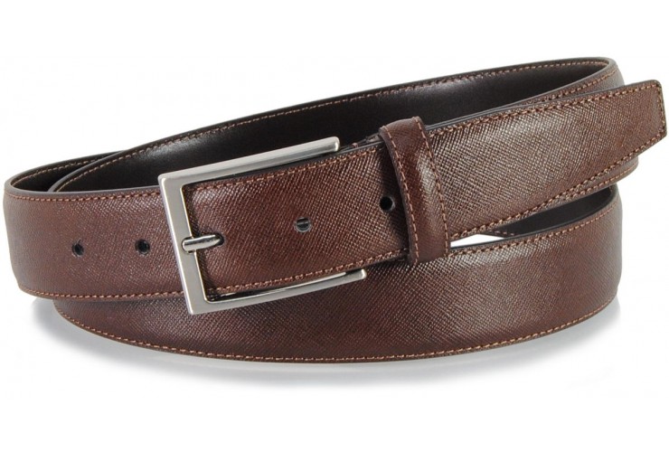 Elegant leather belt saffiano, brushed buckle, Brown