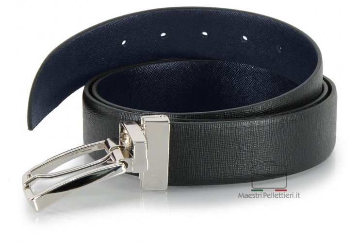 Cintura double face reversibile in pelle Saffiano Nero e Blu Cintura double face reversibile in pelle Saffiano Nero e Blu