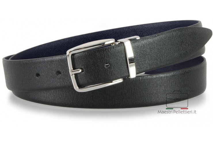 Cintura double face reversibile in pelle Saffiano Nero e Blu Cintura double face reversibile in pelle Saffiano Nero e Blu
