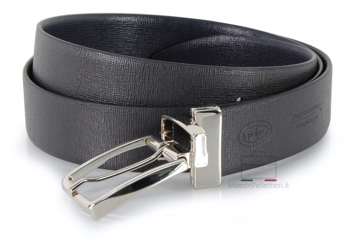 Reversible double sided elegant Saffiano leather belt Blu and Gray