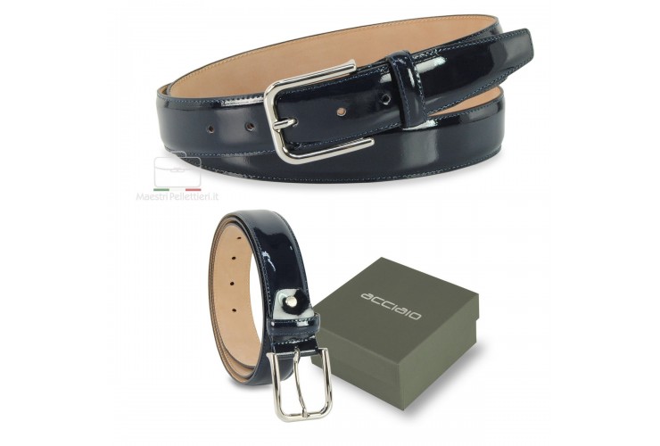 Wedding man's belt in Patent Leather extra shiny large, Blu Wedding man's belt in Patent Leather extra shiny large, Blu