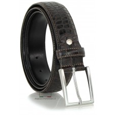 Elegant genuine leather belt with crocodile print, brushed buckle, Brown
