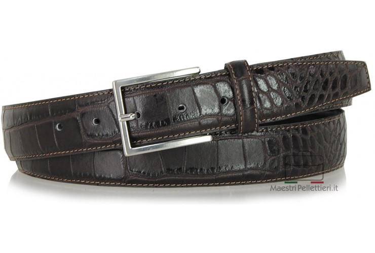 Elegant genuine leather belt with crocodile print, brushed buckle, Brown