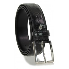 Elegant genuine leather belt with crocodile print, brushed buckle, Black