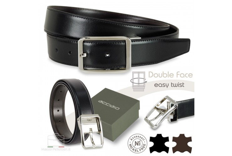Cintura double face da uomo reversibile Nera e Marrone Octagon Cintura double face reversibile in pelle Nero e Moka - fibbia Octagon