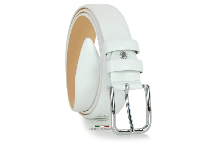 Men's White dress belt with glossy shiny buckle made in Italy Acciaio