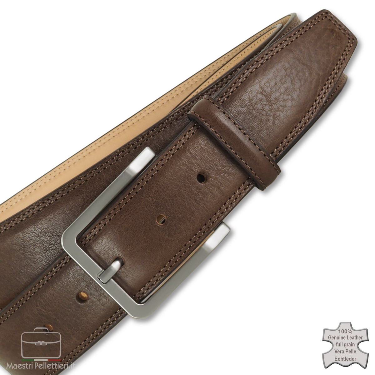 RUL Cintura Uomo In Pelle Naturale Marrone E Nero – Fibbia Spazzolata, Larga 4 Cm, Regolabile, Artigianale Spagnola