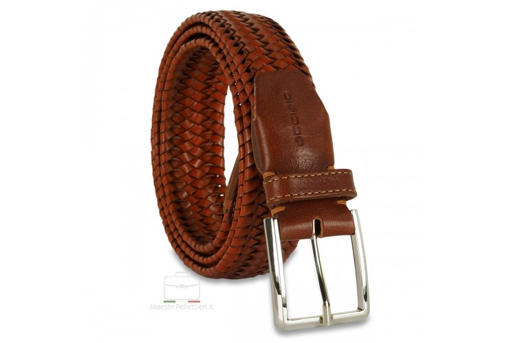 Cintura Intrecciata Elastica in pelle Cuoio/Arancio 3.5cm