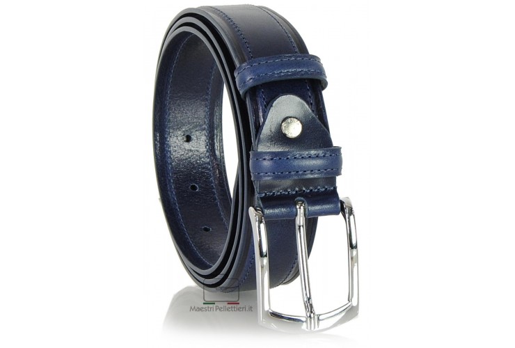 Men's Classic and Casual leather belt, shiny buckle - Blu