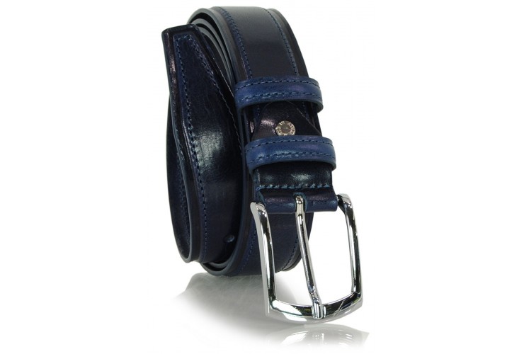 Men's Classic and Casual leather belt, shiny buckle - Blu