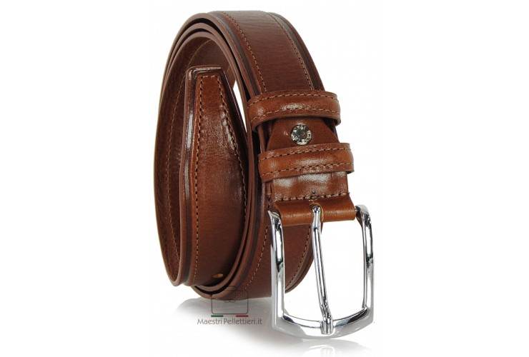 Men's Classic and Casual leather belt, shiny buckle - Cognac