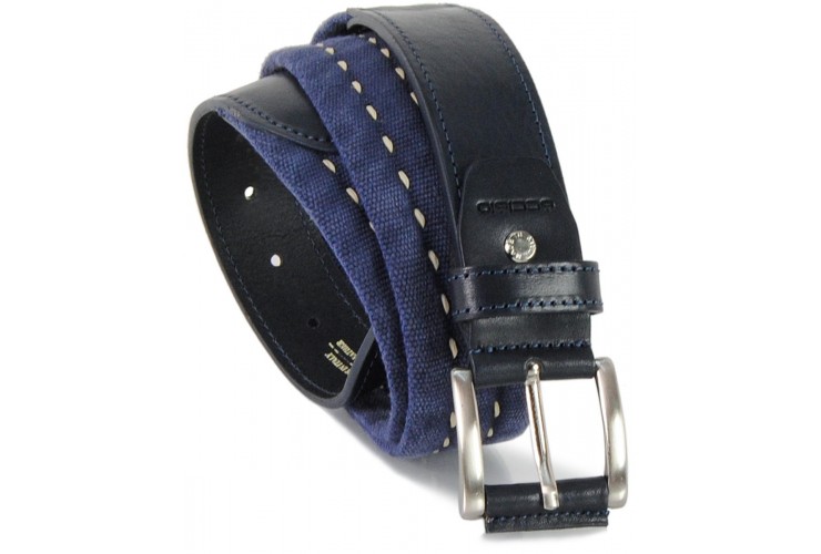 Belt canvas ribbon cotton washed tape with leather appliqués, Blue