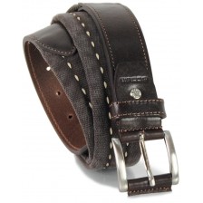 Belt canvas ribbon cotton washed tape with leather appliqués, Brown