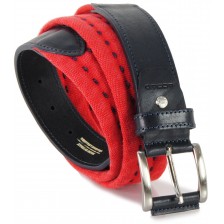 Belt canvas ribbon cotton washed tape with leather appliqués, Red